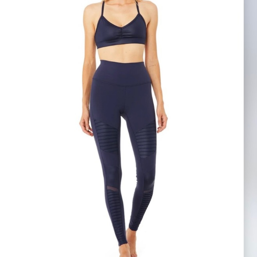 ALO Yoga high-waist moto legging & sunny strappy bra in XS in rich navy glossy
